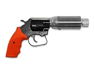Orange-handled revolver with silencer attachment